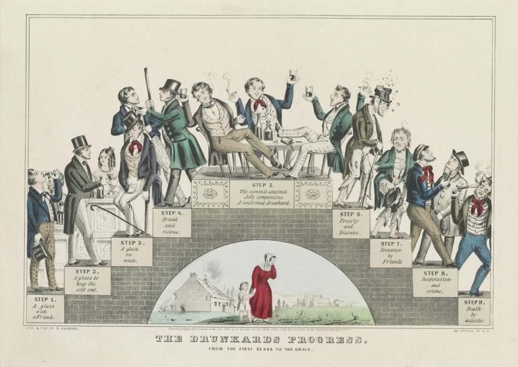 19th-century illustration depicting a temperance-era riot leading to court trials in Ontario.