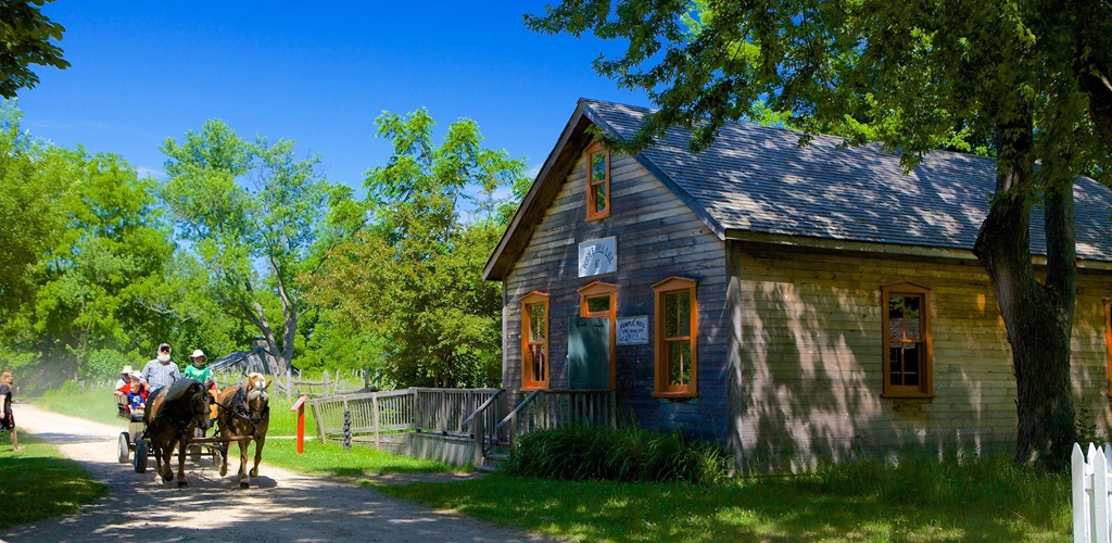 Horse draw wagon going past building - Fanshawe Pioneer Village