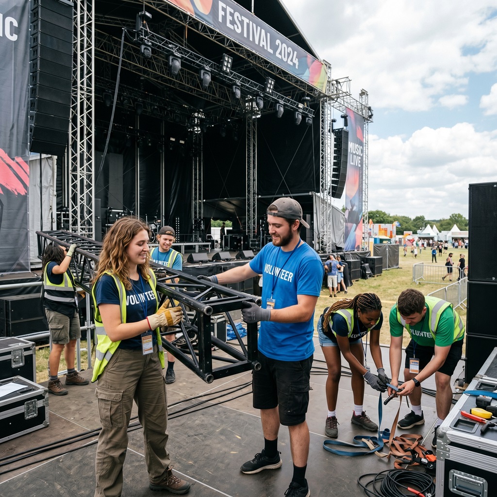 Young Volunteers helping set up a stage at a music event