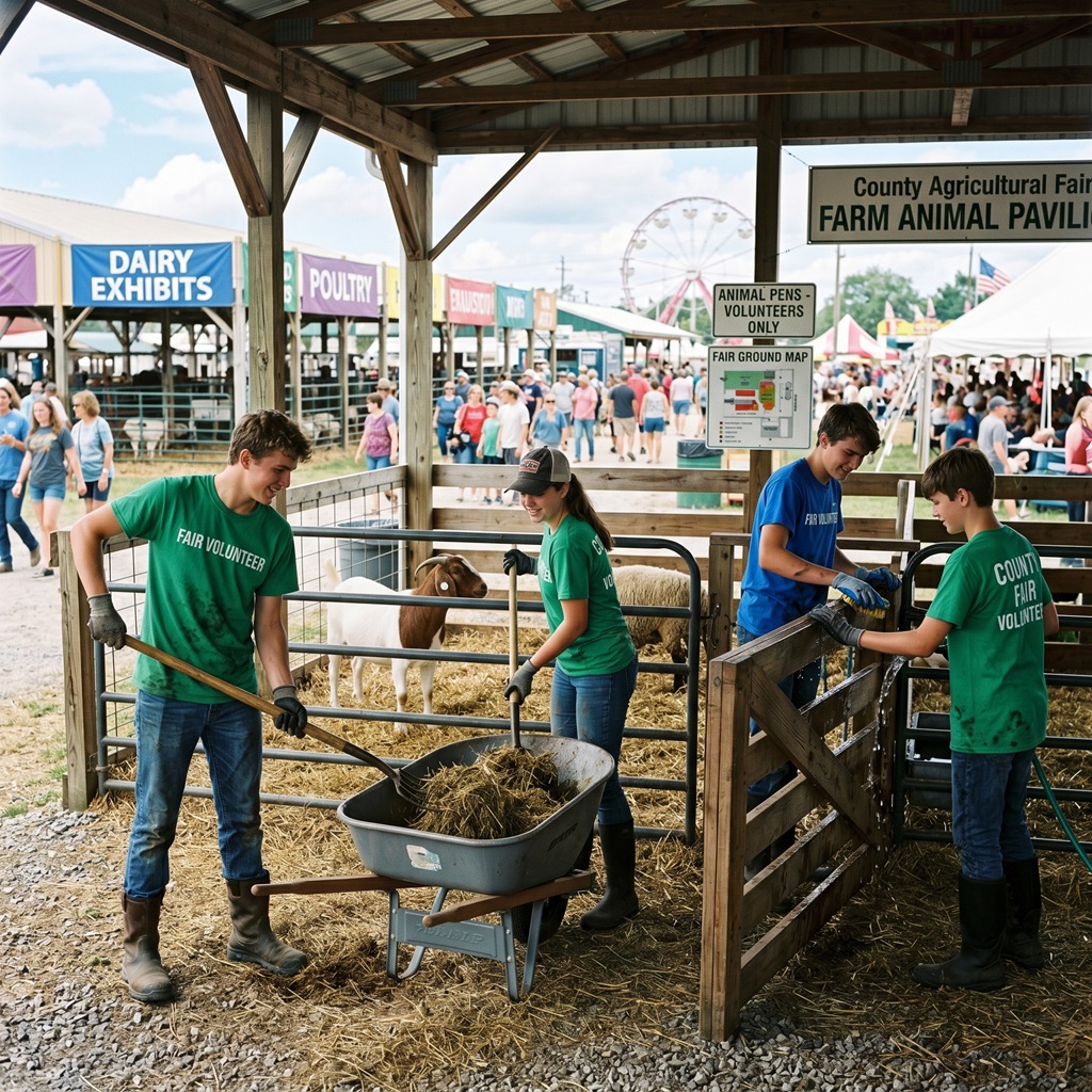 Young Volunteers working at a local fair in the farm animal area